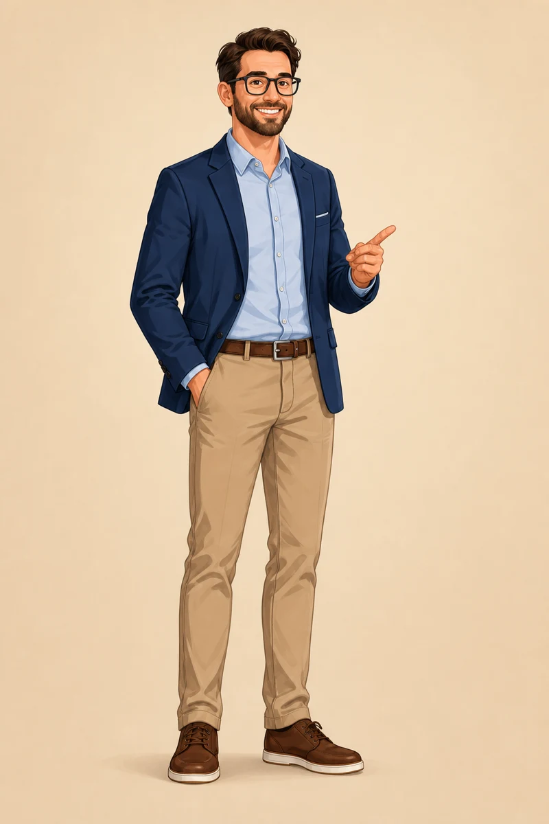 Security Architect in a navy blazer and chinos, pointing toward the question